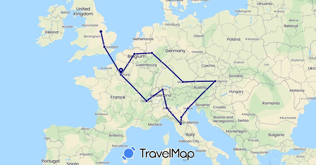 TravelMap itinerary: driving in Austria, Belgium, Switzerland, Germany, France, United Kingdom, Italy (Europe)